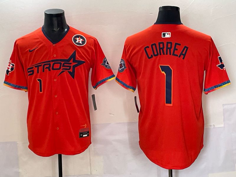 Men 2025 Houston Astros #1 Correa Orange Four generations Joint Name Nike MLB Jersey style 01